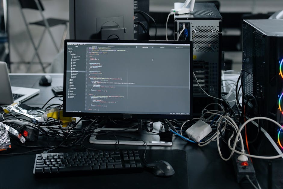 The image displays a cluttered workspace with a central computer monitor showing lines of code, surrounded by various electronic devices, including desktop towers, a keyboard, mouse, and multiple tang